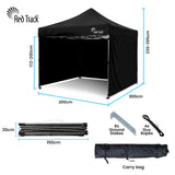 Angled view of the black pop up gazebo showing the peaked canopy and steel legs