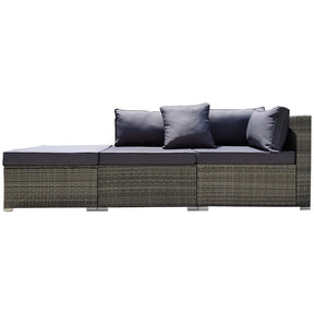 Eimeo grey wicker outdoor corner lounge set in an outdoor setting