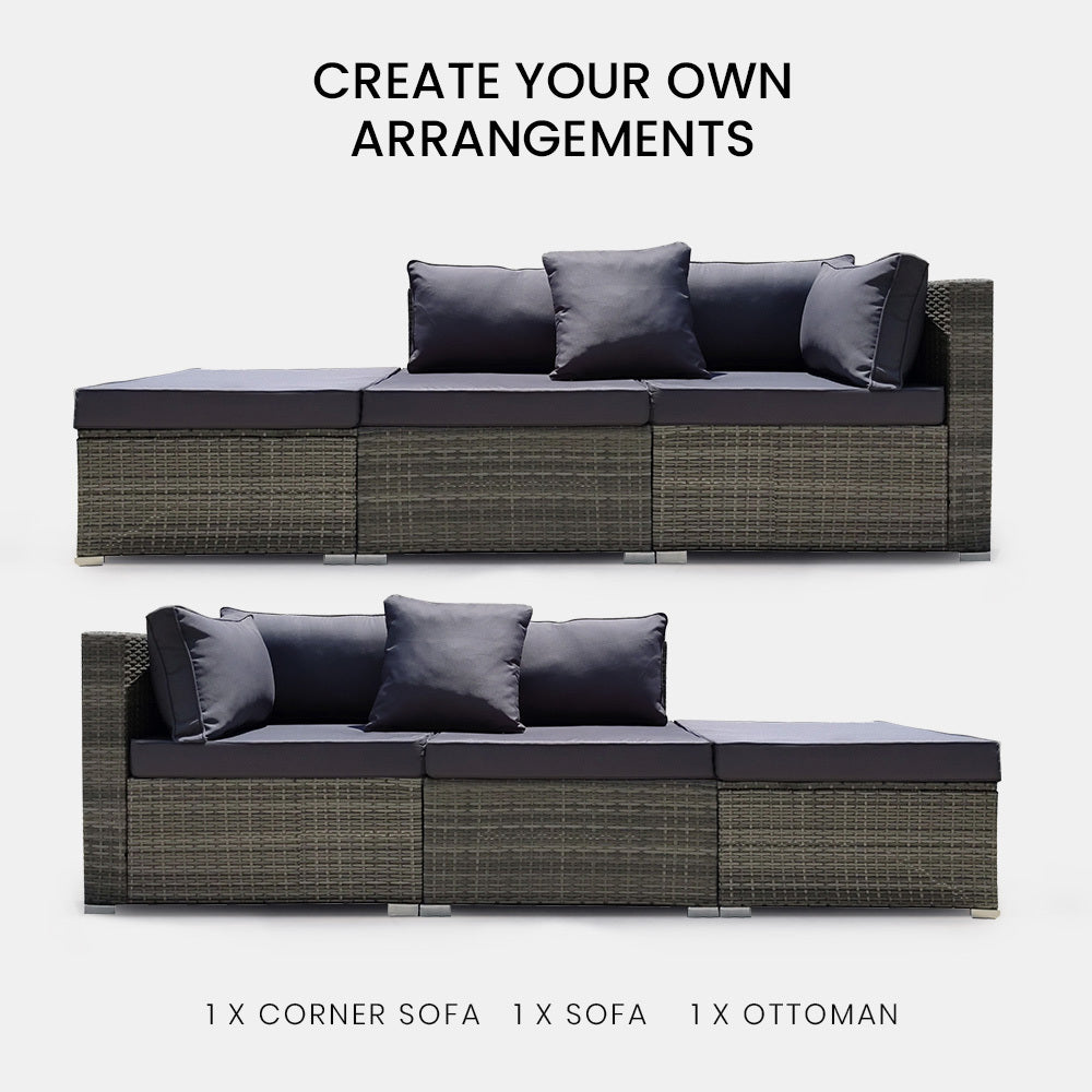 Eimeo 3 Piece 3 Seater Outdoor Corner Lounge Set, Grey Wicker