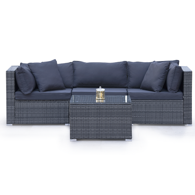 Eimeo grey wicker outdoor corner lounge set in an outdoor setting