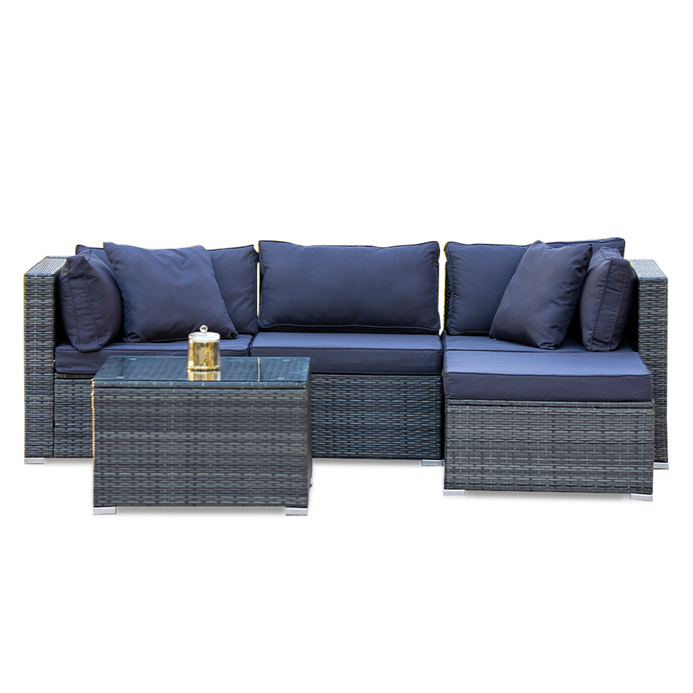 Eimeo grey wicker outdoor corner lounge set in an outdoor setting