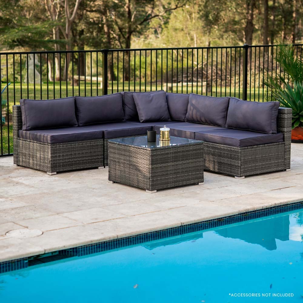 Eimeo 6 Piece 5 Seater Outdoor Corner Lounge Set, Grey Wicker