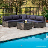 Eimeo 6 Piece 5 Seater Outdoor Corner Lounge Set, Grey Wicker