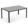 Copacabana 150 by 90cm outdoor dining table with polywood top and black steel frame on a patio