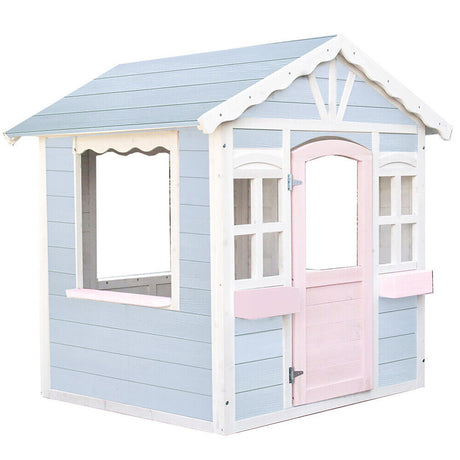 Light blue wooden cubby house playhouse