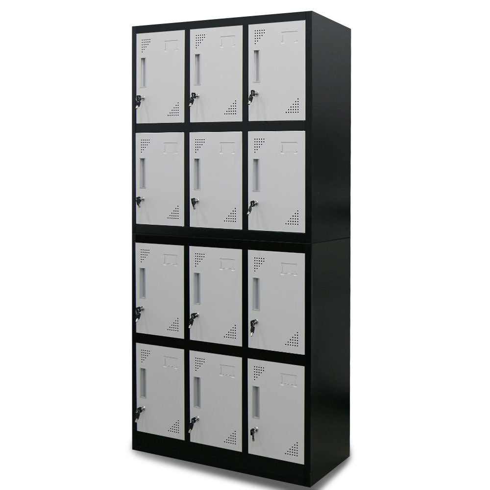 12-Door Steel Storage Locker Cabinet with Cam Locks, Black and Grey