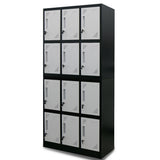 12-Door Steel Storage Locker Cabinet with Cam Locks, Black and Grey
