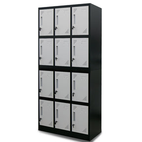 12-Door Steel Storage Locker Cabinet with Cam Locks, Black and Grey