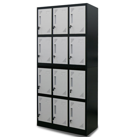 12-Door Steel Storage Locker Cabinet with Cam Locks, Black and Grey