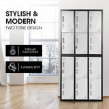12-Door Steel Storage Locker Cabinet with Cam Locks, Black and Grey
