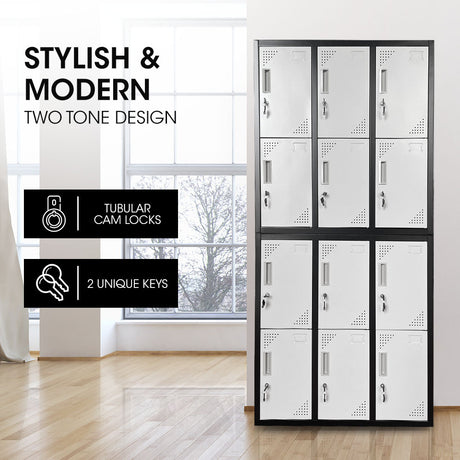 12-Door Steel Storage Locker Cabinet with Cam Locks, Black and Grey