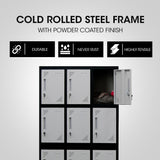 12-Door Steel Storage Locker Cabinet with Cam Locks, Black and Grey