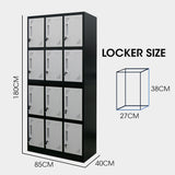 12-Door Steel Storage Locker Cabinet with Cam Locks, Black and Grey