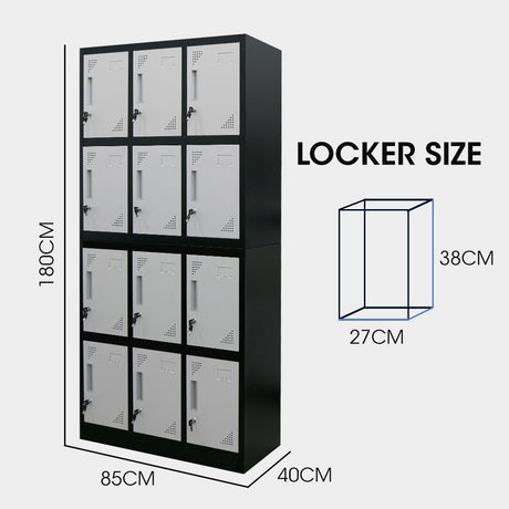 12-Door Steel Storage Locker Cabinet with Cam Locks, Black and Grey
