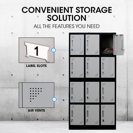 12-Door Steel Storage Locker Cabinet with Cam Locks, Black and Grey