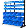 Blue steel parts bin rack with 39 removable storage bins in a workshop