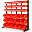 Red steel parts bin rack with 39 removable storage bins in a workshop
