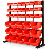 Red steel parts bin rack with 39 removable storage bins in a workshop
