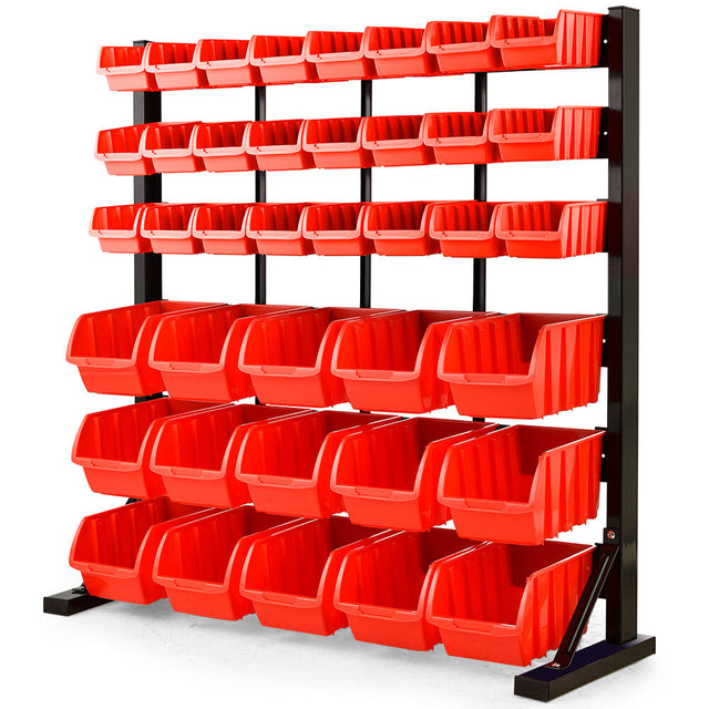 Red steel parts bin rack with 39 removable storage bins in a workshop