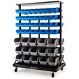 Blue steel parts bin rack with 94 removable storage bins in a workshop