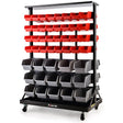 Mobile Double Sided Parts Bin Rack, 94 Bins Red