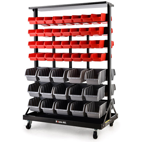 Mobile Double Sided Parts Bin Rack, 94 Bins Red