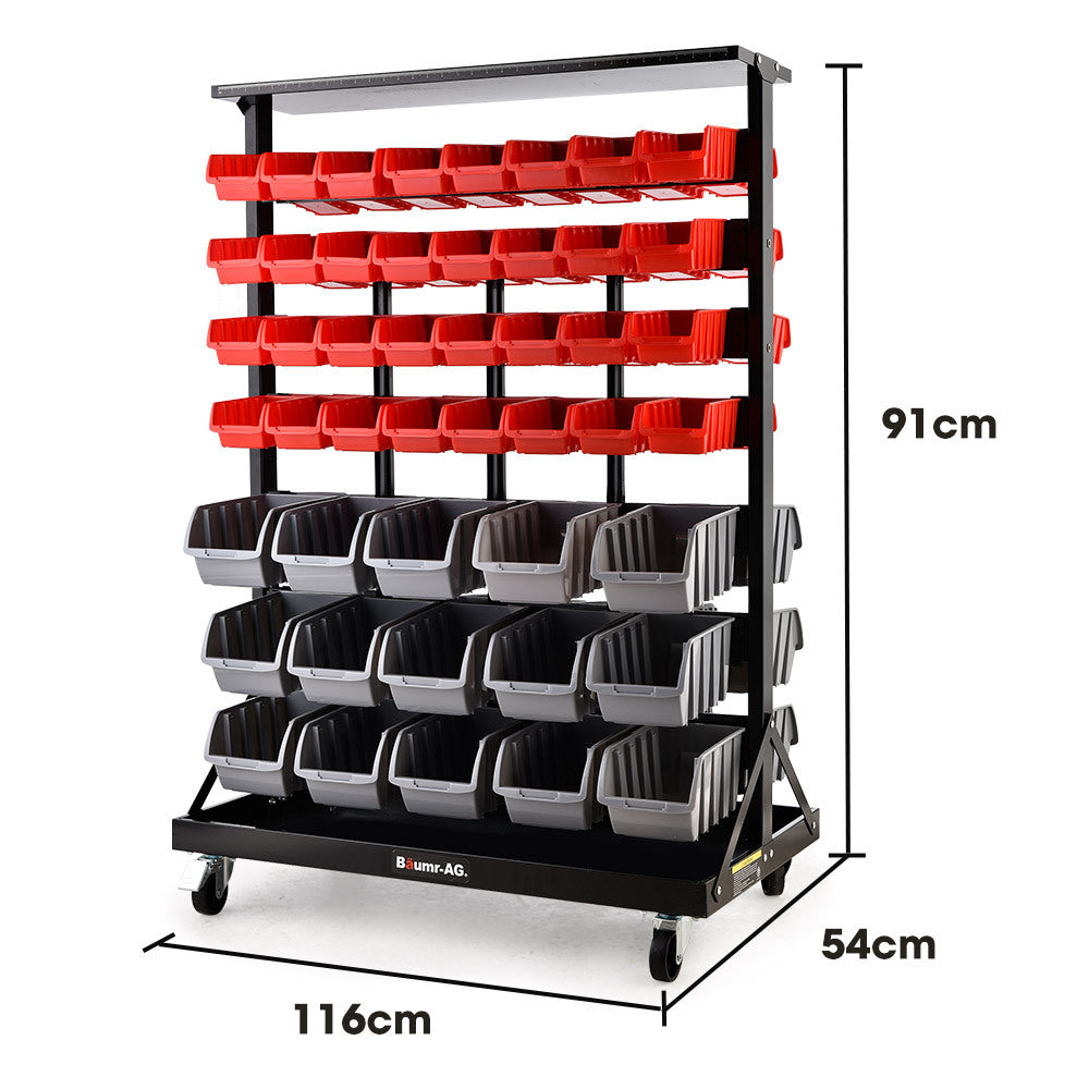 Mobile Double Sided Parts Bin Rack, 94 Bins Red