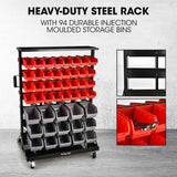 Mobile Double Sided Parts Bin Rack, 94 Bins Red