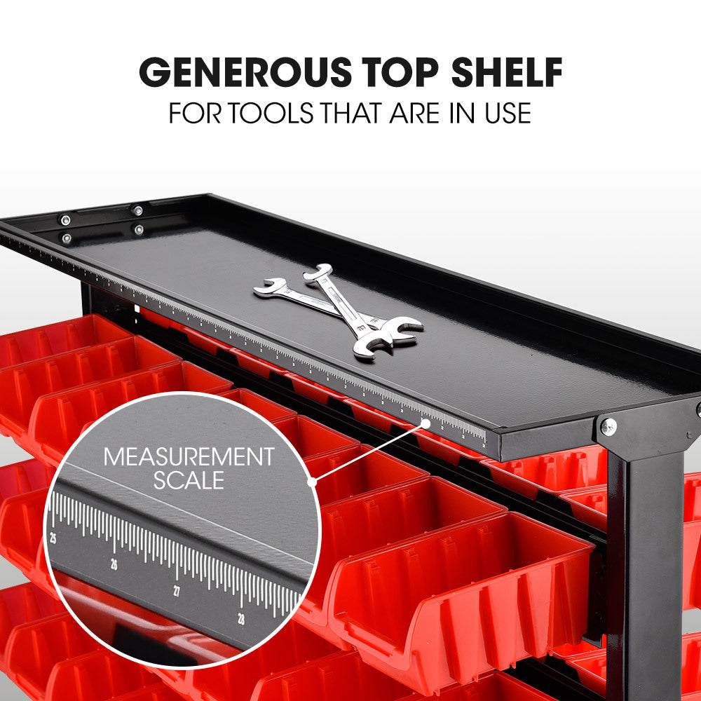 Mobile Double Sided Parts Bin Rack, 94 Bins Red