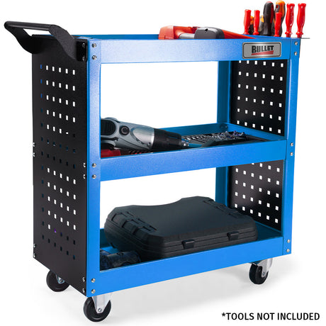Bowland blue three tier steel tool trolley cart with pegboards and screwdriver rack