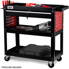 3 Tier Steel Tool Trolley Cart with Lockable Drawer and Pegboard Black and Red