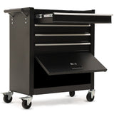 Black steel tool chest with drawers and a one door cabinet in a garage