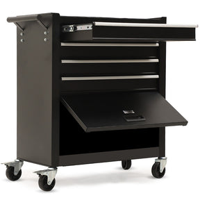 Black steel tool chest with drawers and a one door cabinet in a garage