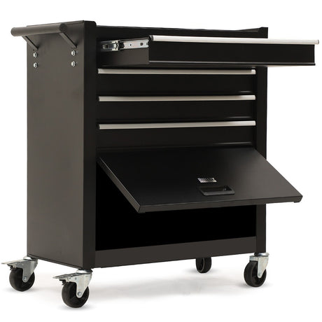 Black steel tool chest with drawers and a one door cabinet in a garage