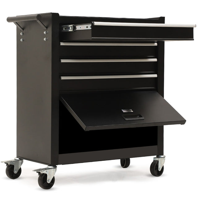 Black steel tool chest with drawers and a one door cabinet in a garage