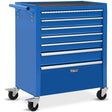 Blue 7 drawer steel tool chest with open drawers in a garage workshop
