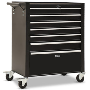 Black 7 drawer steel tool chest with open drawers in a garage workshop