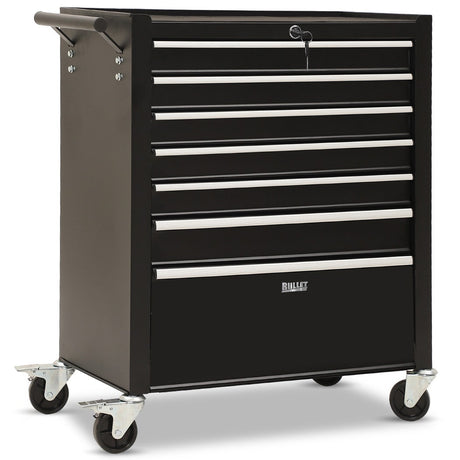 Black 7 drawer steel tool chest with open drawers in a garage workshop