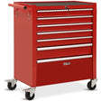 Red 7 drawer steel tool chest with open drawers in a garage workshop