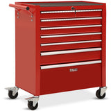 Red 7 drawer steel tool chest with open drawers in a garage workshop