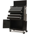 Black steel tool chest with drawers and a two door cabinet in a garage