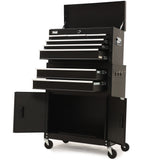 Black steel tool chest with drawers and a two door cabinet in a garage