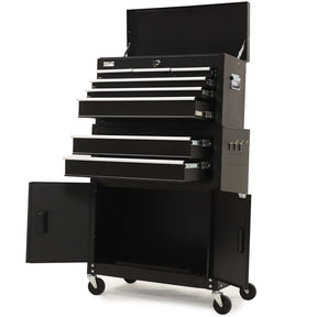 Black steel tool chest with drawers and a two door cabinet in a garage