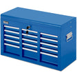Blue 9 drawer steel tool chest with open drawers in a garage workshop
