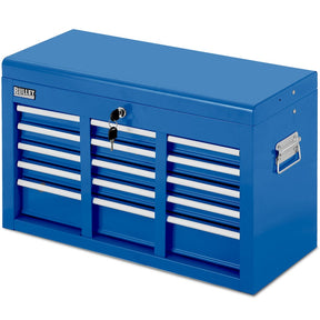 Blue 9 drawer steel tool chest with open drawers in a garage workshop