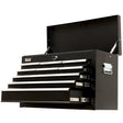 Black 9 drawer steel tool chest with open drawers in a garage workshop