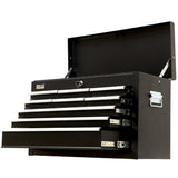 Black 9 drawer steel tool chest with open drawers in a garage workshop
