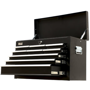 Black 9 drawer steel tool chest with open drawers in a garage workshop