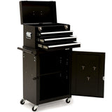 Black steel tool chest with drawers and a one door cabinet in a garage