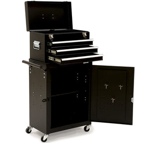 Black steel tool chest with drawers and a one door cabinet in a garage